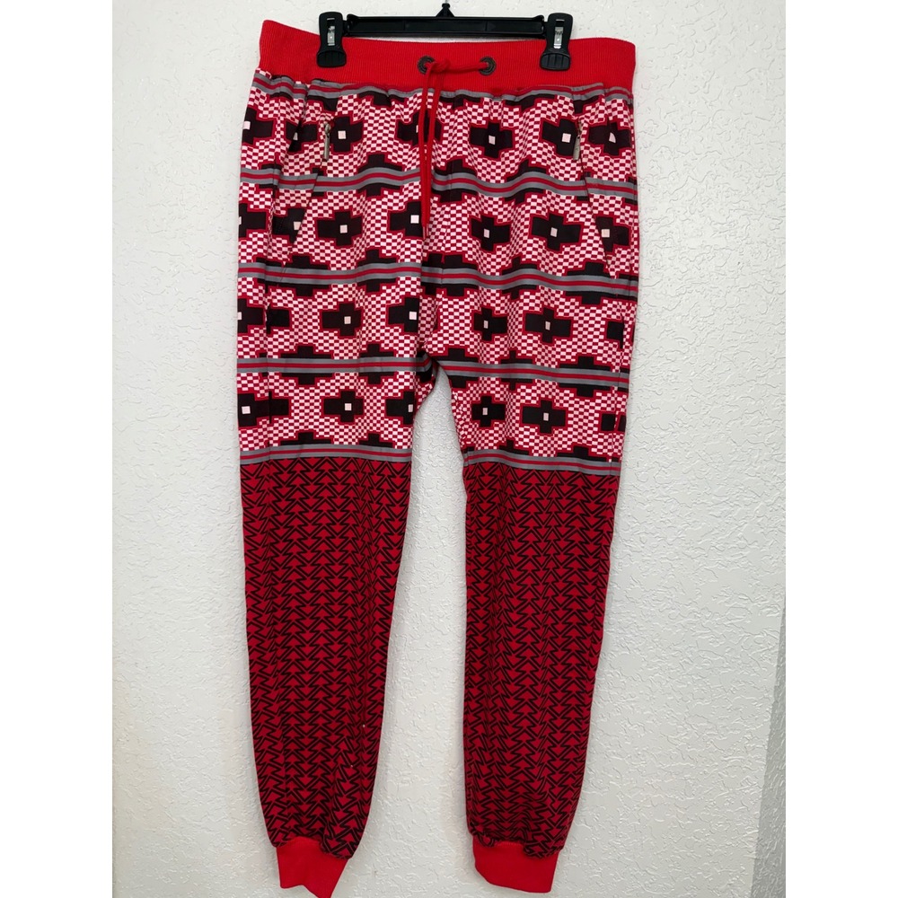 American Stitch Mens XXL Red Geometric Pattern Jogger Sweatpants Zipper Pockets